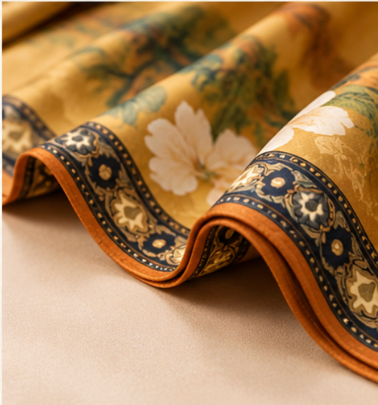 Foulard reversibile “Giardino dorato di peonie” · Poliestere · 180 × 70 cm