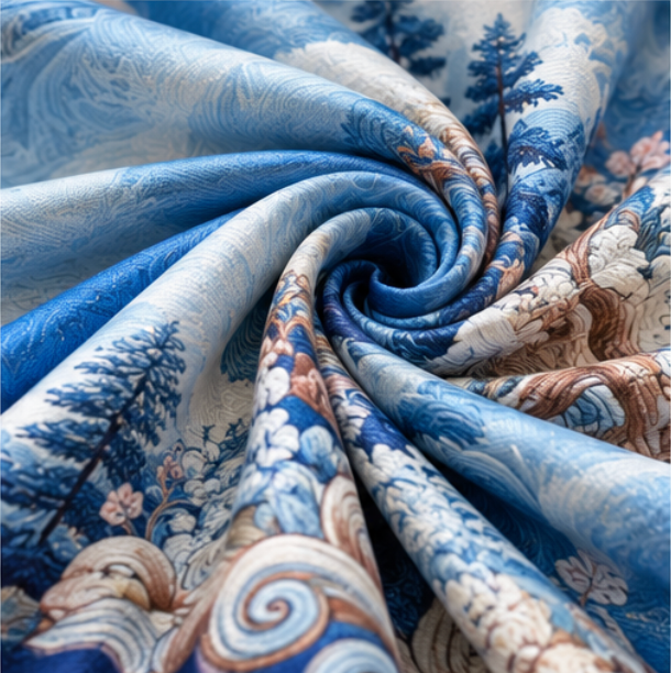Foulard reversibile “Montagne tra nuvole blu” · Poliestere · 180 × 70 cm