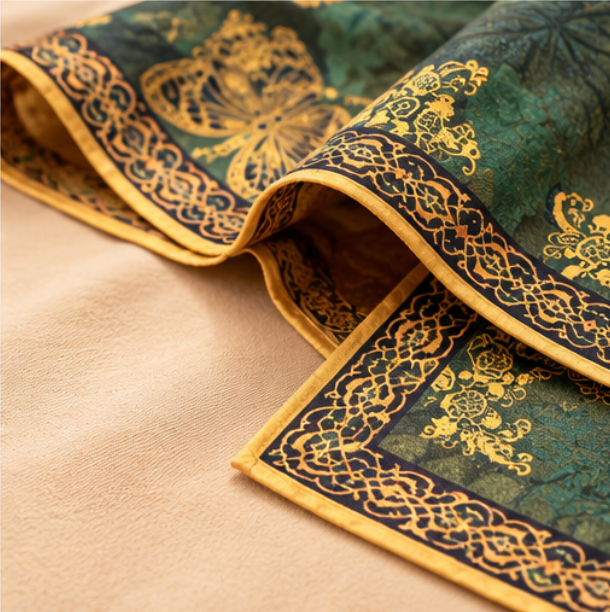 Foulard reversibile “Giardino di Farfalle Smeraldo” · Poliestere · 180 × 70 cm