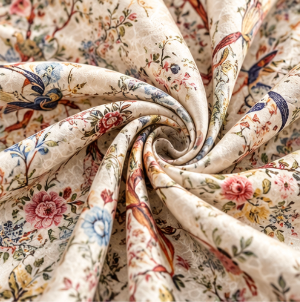 Foulard réversible « Jardin de fleurs et oiseaux » · Polyester · 180 × 70 cm