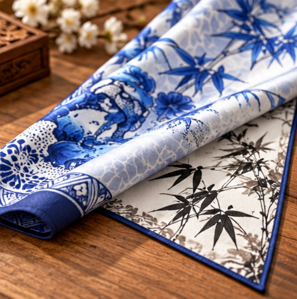 Pañuelo Reversible “Bambú de Porcelana Azul y Blanca” · Poliéster · 180 × 70 cm