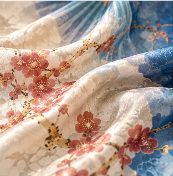 “Fans among Plum Blossoms” Silk Scarf · 100% Mulberry Silk · 110 × 110 cm