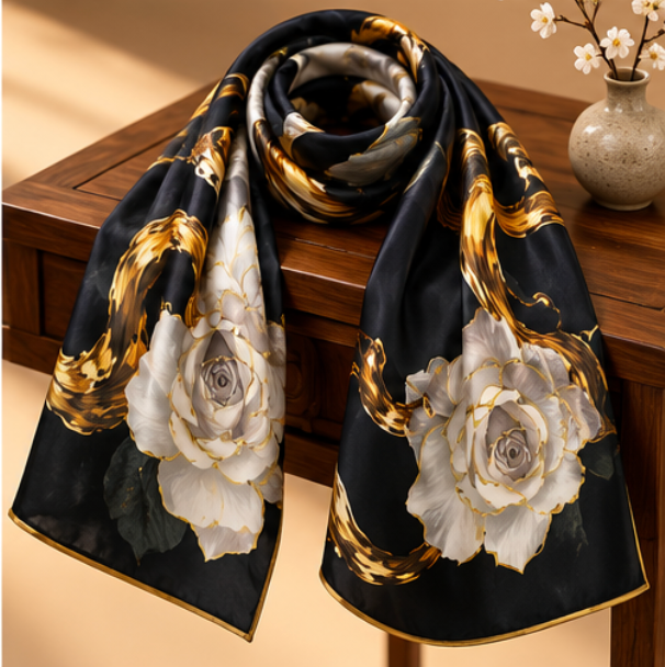 "Golden Night" Silk Scarf · 100% Mulberry Silk · 110 × 110 cm