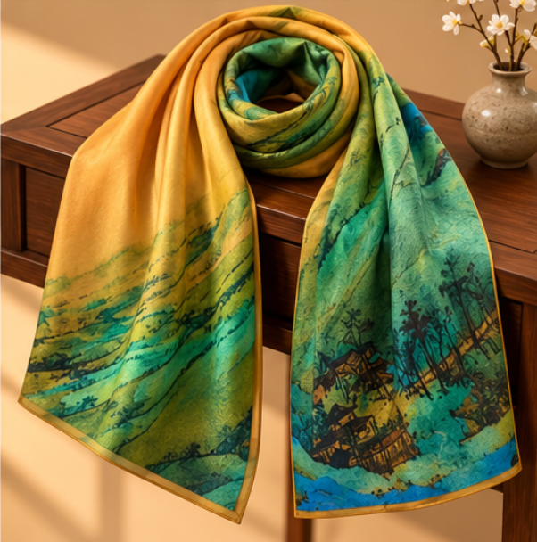 Pañuelo de Seda “Montañas de Jade” · 100% Seda de Morera · 110 × 110 cm