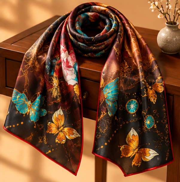 Pañuelo de Seda “Mariposas de Medianoche” · 100% Seda de Morera · 135 × 135 cm