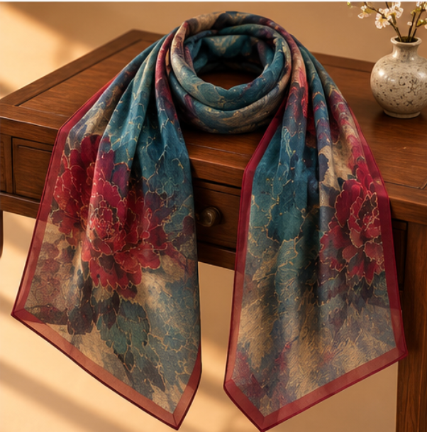 Pañuelo de Seda “Peonía Imperial” · 100% Seda de Morera · 135 × 135 cm