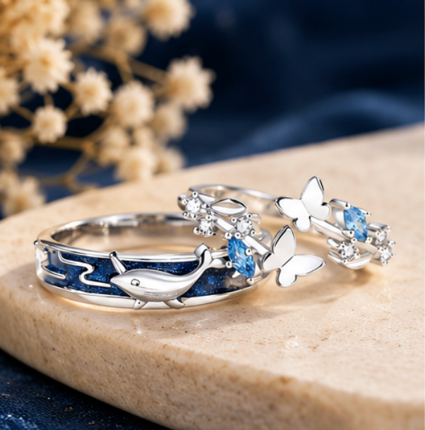 Anillos de Pareja “Sueño de Ballena y Mariposa” · Plata 925