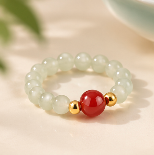 Anello in giada di Hetian e agata rossa · Argento 925 placcato oro
