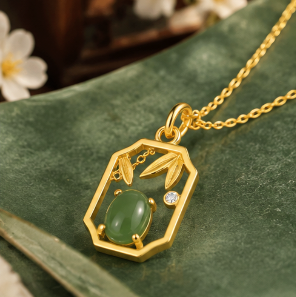 Collar de Jade de Hetian “Bambú y Ventana Oriental” · Plata 925 bañada en oro
