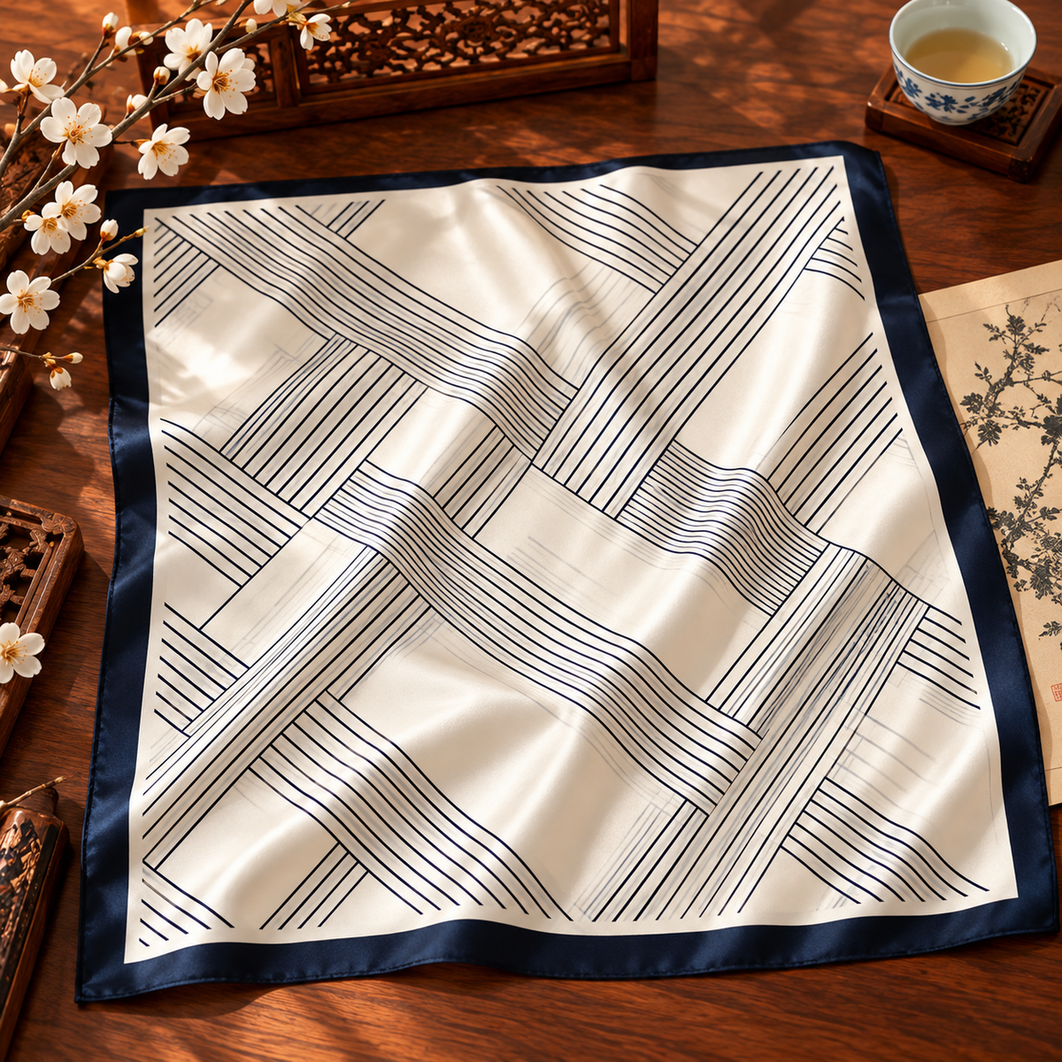 Pañuelo de Seda “Líneas de Marfil” · 100% Seda de Morera · 90 × 90 cm
