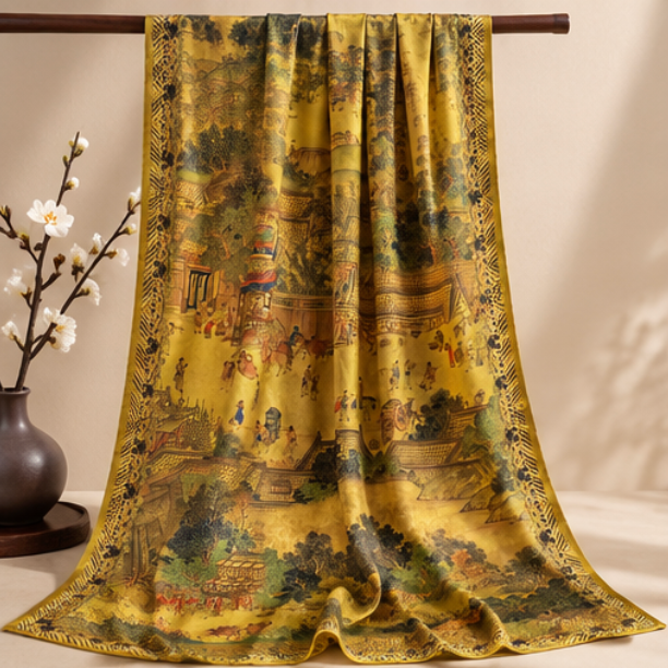 “Qingming Shanghe Tu” Reversible Scarf · Polyester · 180 × 70 cm