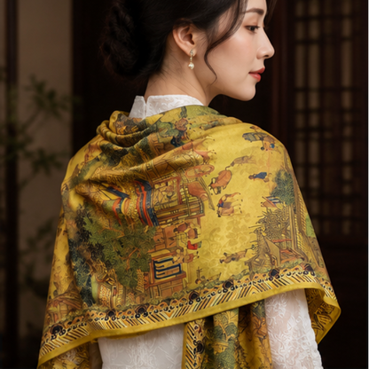 “Qingming Shanghe Tu” Reversible Scarf · Polyester · 180 × 70 cm