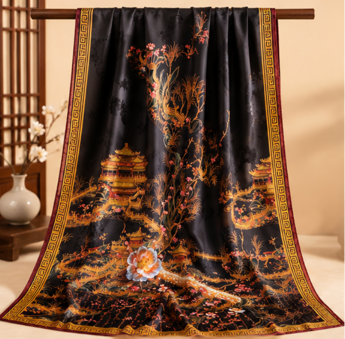 Pañuelo Reversible “Jardín Imperial” · Poliéster · 180 × 70 cm