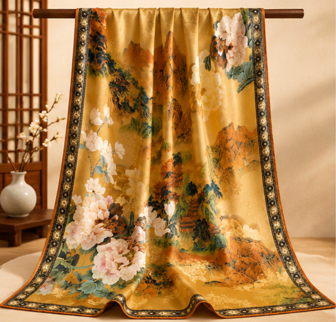Foulard reversibile “Giardino dorato di peonie” · Poliestere · 180 × 70 cm