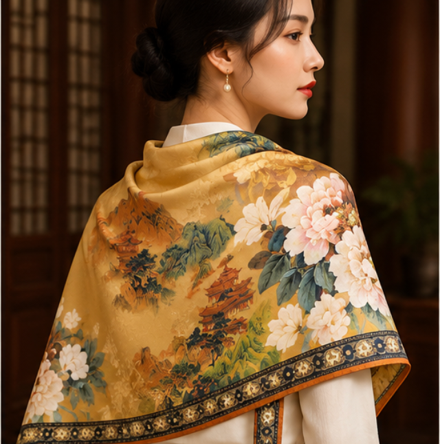 Foulard reversibile “Giardino dorato di peonie” · Poliestere · 180 × 70 cm