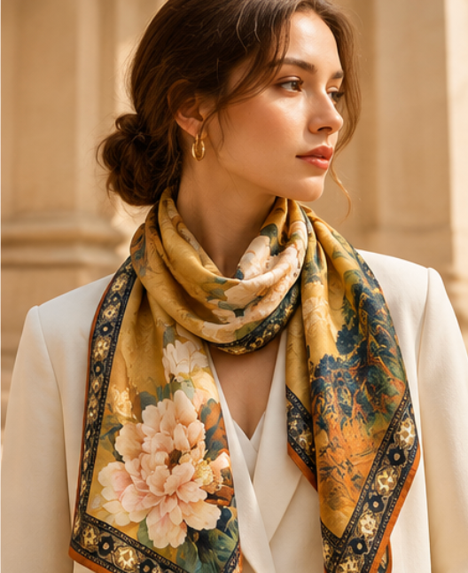 Foulard reversibile “Giardino dorato di peonie” · Poliestere · 180 × 70 cm
