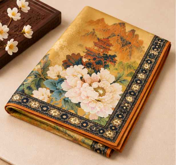 Foulard reversibile “Giardino dorato di peonie” · Poliestere · 180 × 70 cm