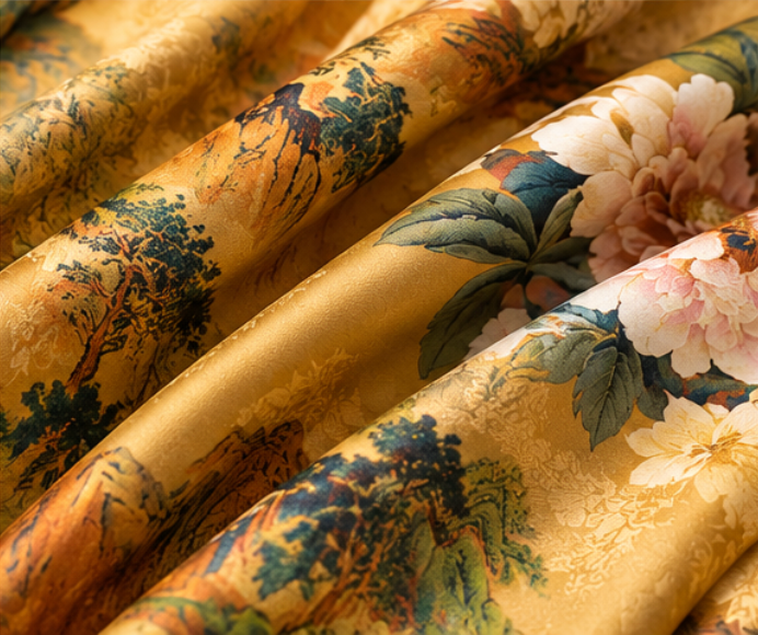 Foulard reversibile “Giardino dorato di peonie” · Poliestere · 180 × 70 cm