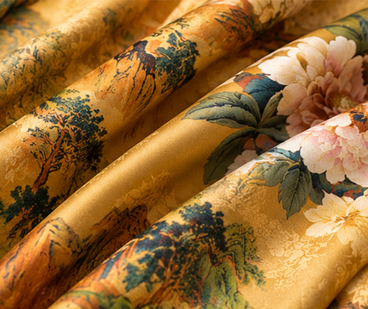 Foulard reversibile “Giardino dorato di peonie” · Poliestere · 180 × 70 cm
