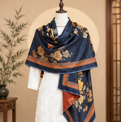 Pañuelo Reversible “Jardín Azul Dorado” · Poliéster · 180 × 70 cm