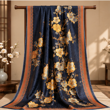 Pañuelo Reversible “Jardín Azul Dorado” · Poliéster · 180 × 70 cm