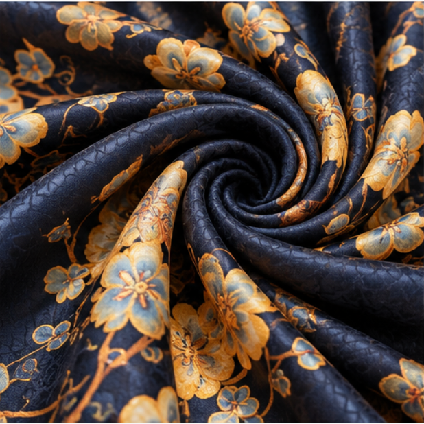 Pañuelo Reversible “Jardín Azul Dorado” · Poliéster · 180 × 70 cm