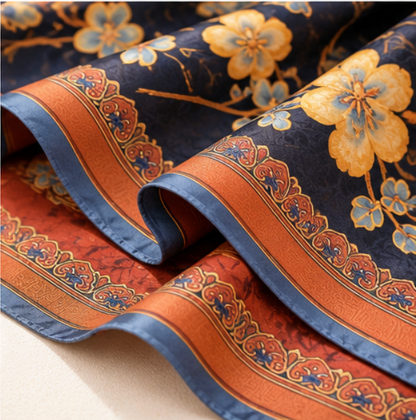 Pañuelo Reversible “Jardín Azul Dorado” · Poliéster · 180 × 70 cm