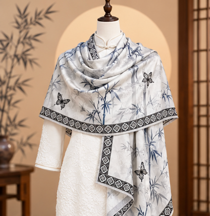 “Bamboo and Butterflies” Reversible Scarf · Polyester · 180 × 70 cm