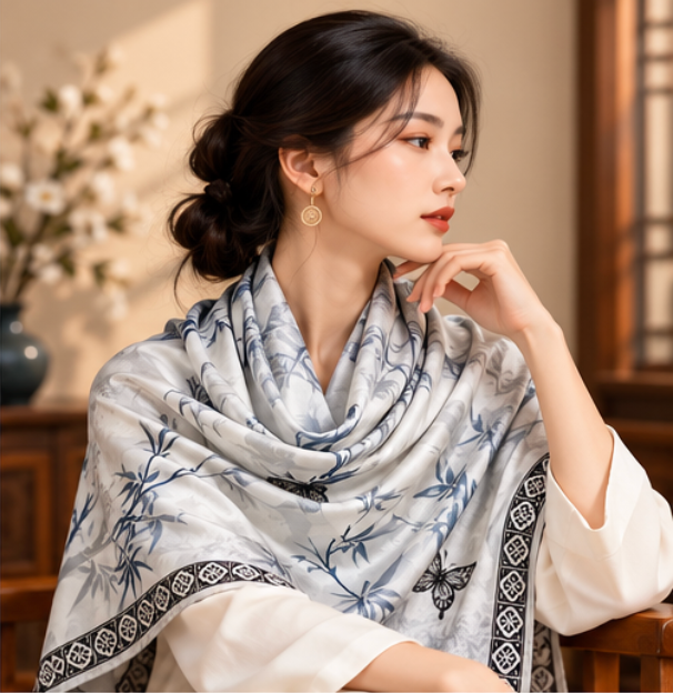 “Bamboo and Butterflies” Reversible Scarf · Polyester · 180 × 70 cm