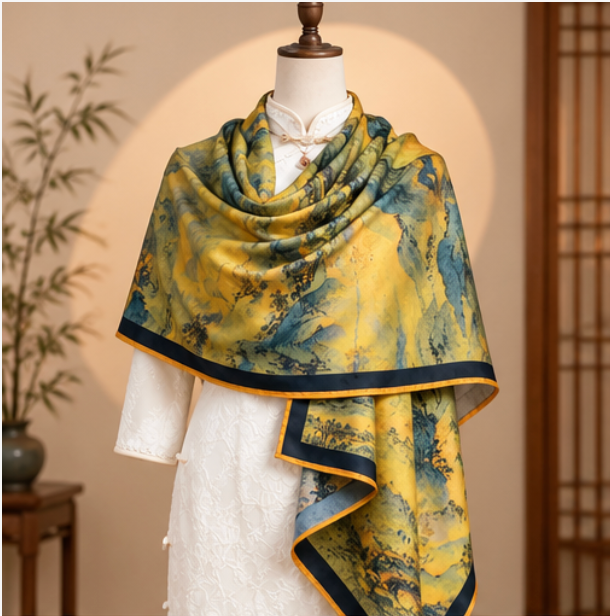 “A Thousand Miles of Rivers and Mountains” Reversible Scarf · Polyester · 180 × 70 cm