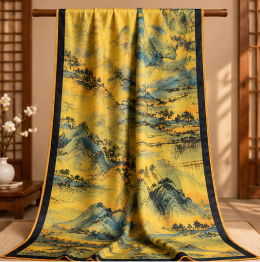 Pañuelo Reversible “Mil Li de Ríos y Montañas 千里江山图” · Poliéster · 180 × 70 cm