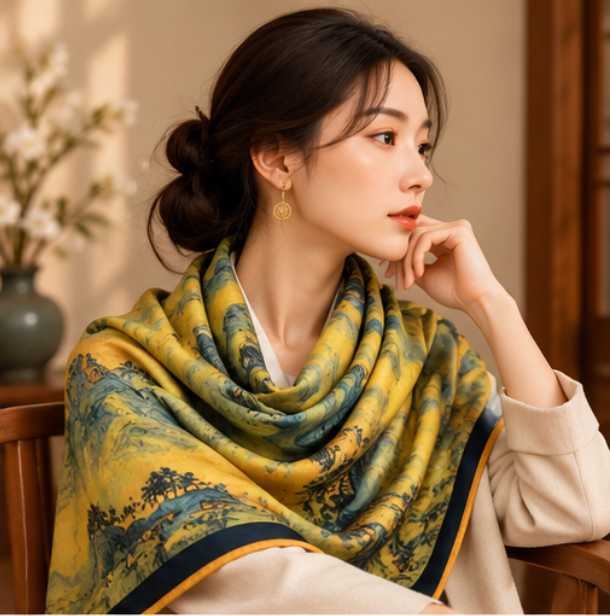 “A Thousand Miles of Rivers and Mountains” Reversible Scarf · Polyester · 180 × 70 cm