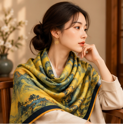 “A Thousand Miles of Rivers and Mountains” Reversible Scarf · Polyester · 180 × 70 cm