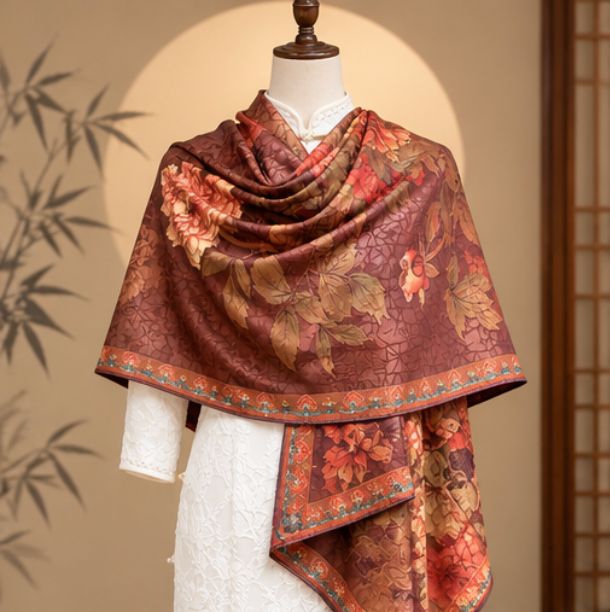 Foulard réversible « Pivoines d'automne » · Polyester · 180 × 70 cm