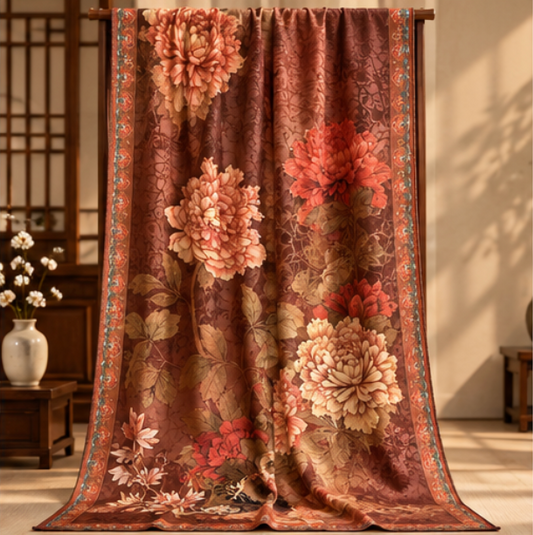 Pañuelo Reversible “Peonías de Otoño” · Poliéster · 180 × 70 cm