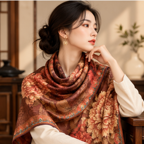 Foulard réversible « Pivoines d'automne » · Polyester · 180 × 70 cm