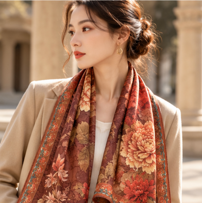 Foulard réversible « Pivoines d'automne » · Polyester · 180 × 70 cm