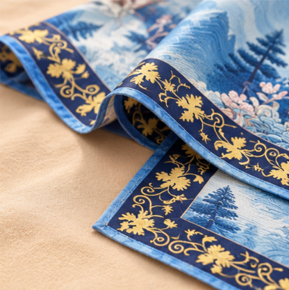 Foulard reversibile “Montagne tra nuvole blu” · Poliestere · 180 × 70 cm