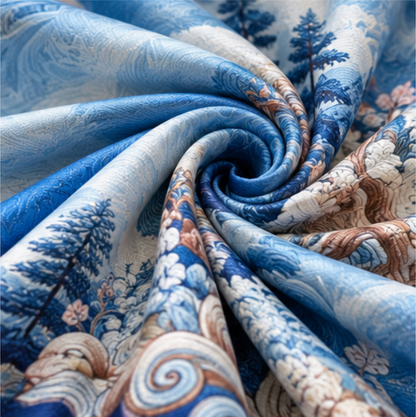 Foulard reversibile “Montagne tra nuvole blu” · Poliestere · 180 × 70 cm