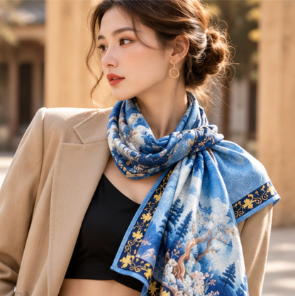 Foulard reversibile “Montagne tra nuvole blu” · Poliestere · 180 × 70 cm