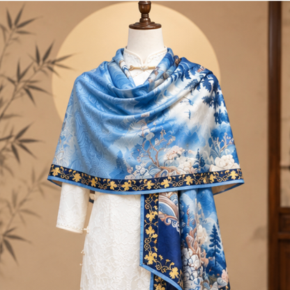 Foulard reversibile “Montagne tra nuvole blu” · Poliestere · 180 × 70 cm