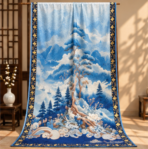 Foulard reversibile “Montagne tra nuvole blu” · Poliestere · 180 × 70 cm