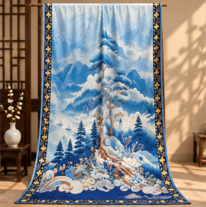 Foulard reversibile “Montagne tra nuvole blu” · Poliestere · 180 × 70 cm