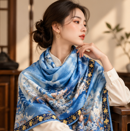 Foulard reversibile “Montagne tra nuvole blu” · Poliestere · 180 × 70 cm