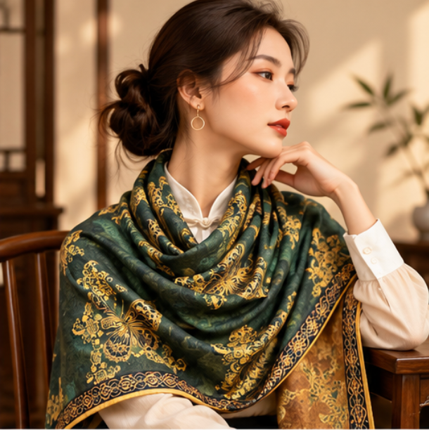 Foulard reversibile “Giardino di Farfalle Smeraldo” · Poliestere · 180 × 70 cm
