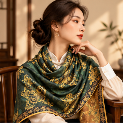 Foulard reversibile “Giardino di Farfalle Smeraldo” · Poliestere · 180 × 70 cm