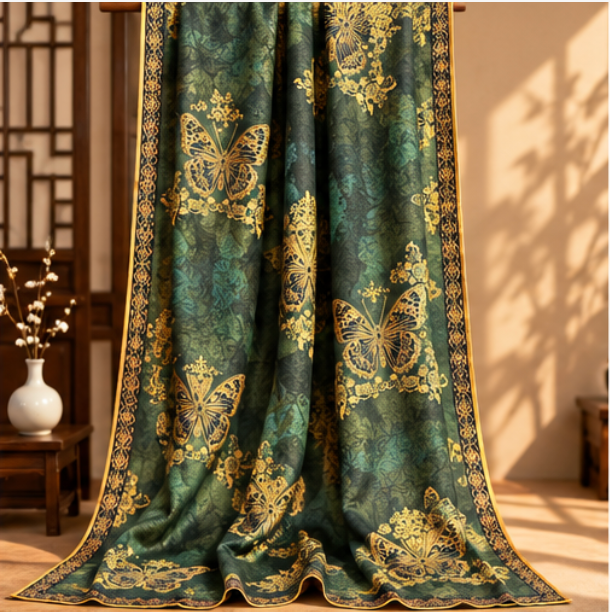 Foulard reversibile “Giardino di Farfalle Smeraldo” · Poliestere · 180 × 70 cm