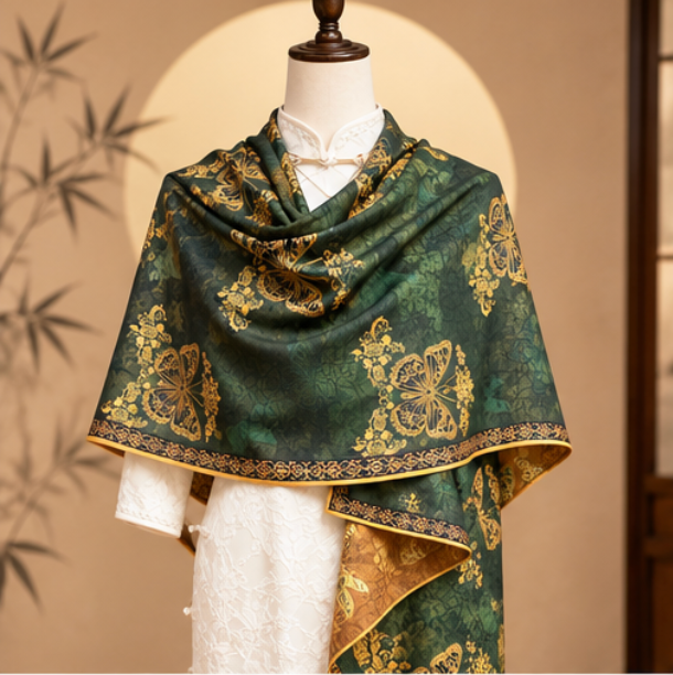 Foulard reversibile “Giardino di Farfalle Smeraldo” · Poliestere · 180 × 70 cm