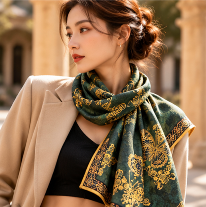 Foulard reversibile “Giardino di Farfalle Smeraldo” · Poliestere · 180 × 70 cm