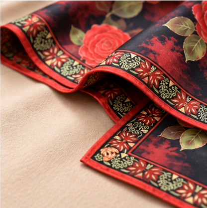Pañuelo Reversible “Rosas Carmesí” · Poliéster · 180 × 70 cm